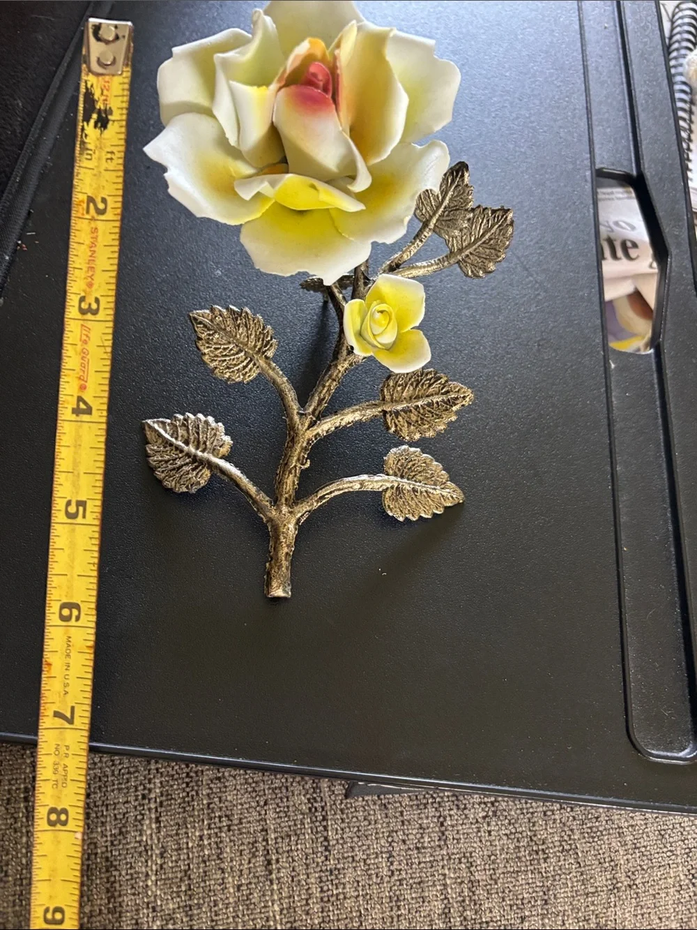 Vintage Yellow Porcelain Rose Accent with Metal Leaves Stand